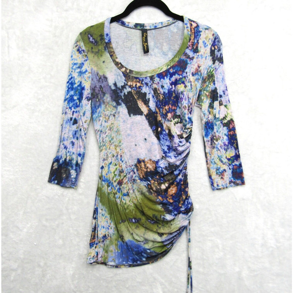 Elana Kattan Top Women's XS Extra Small 3/4 Length Sleeve Scoop Neck Artsy Boho - Picture 1 of 11